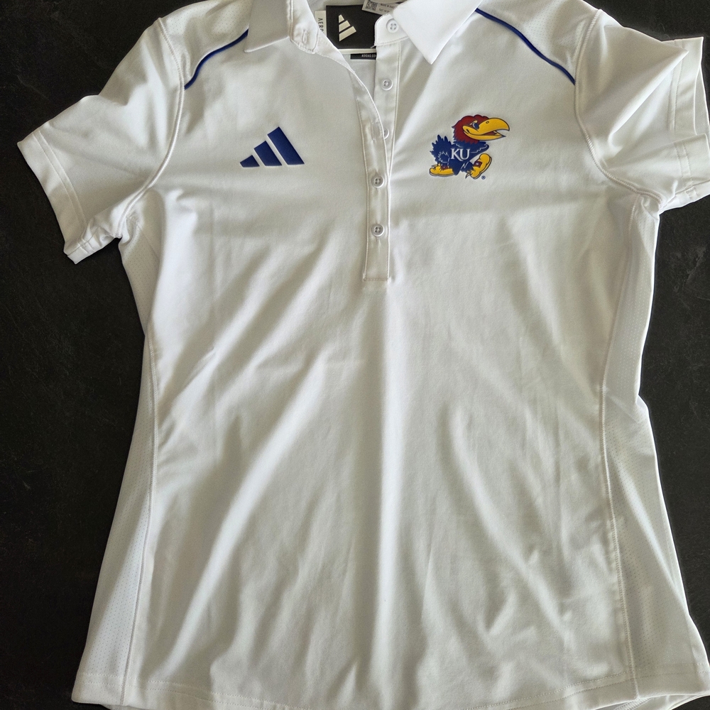 Adidas White Polo Shirt with KU Logo Blue Accents